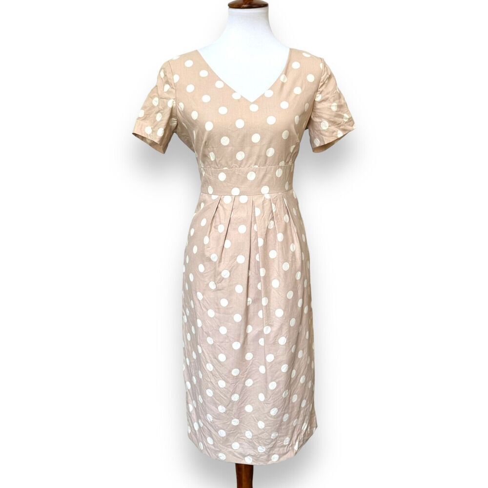 Pure Collection Womens Sheath Dress Beige Polka Dot Short Sleeve Silk Retro 6